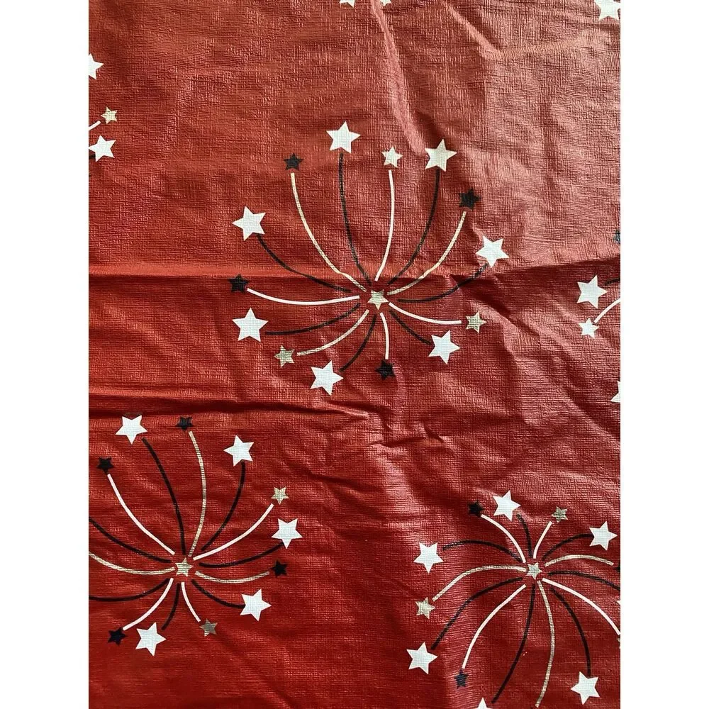 Vintage Fireworks 4th Of July Vinyl Flannel Backed Tablecloth Oblong 59”x82” Red